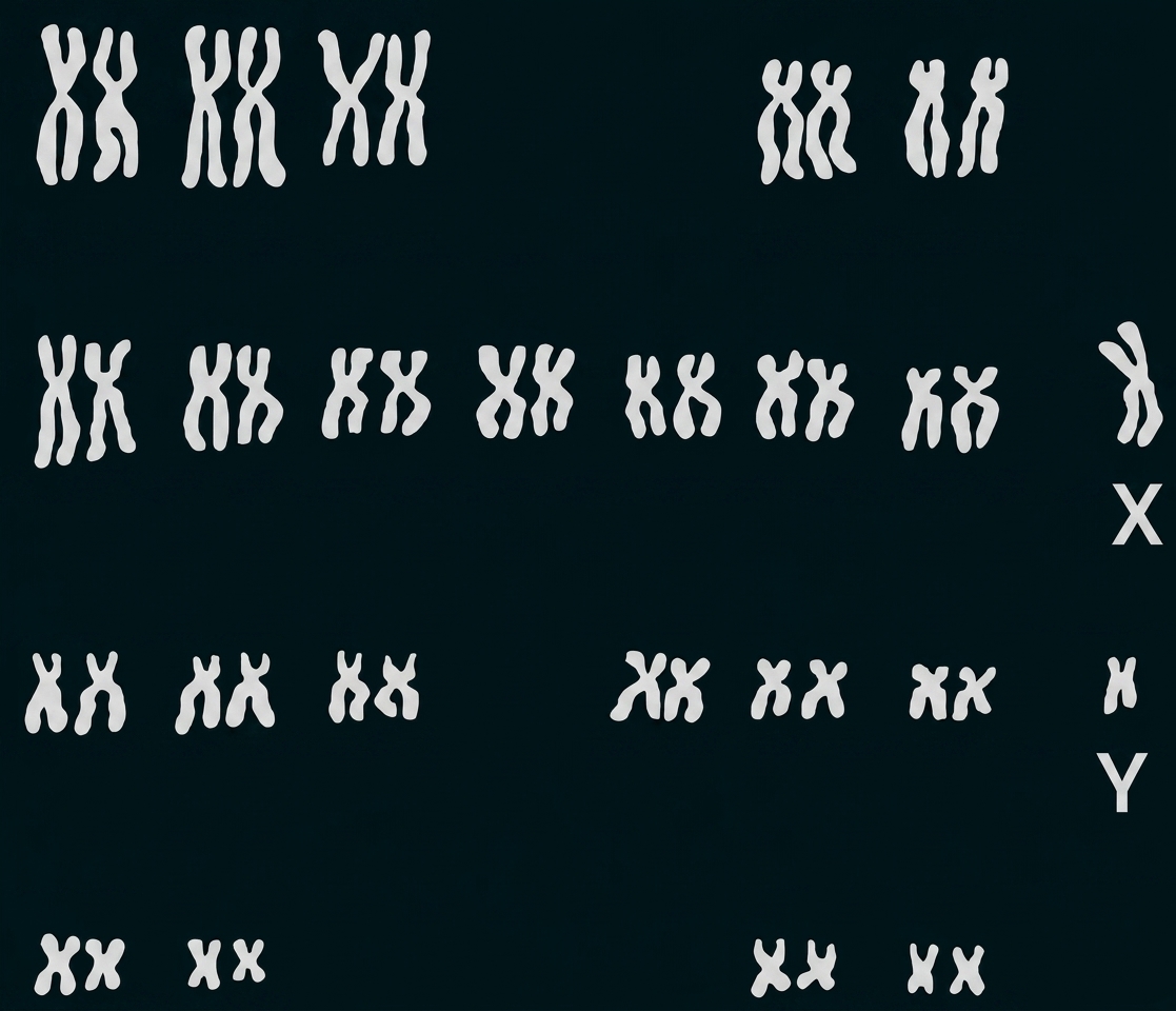Karyogramm mit Chromosomenpaaren und den Geschlechtschromosomen X und Y